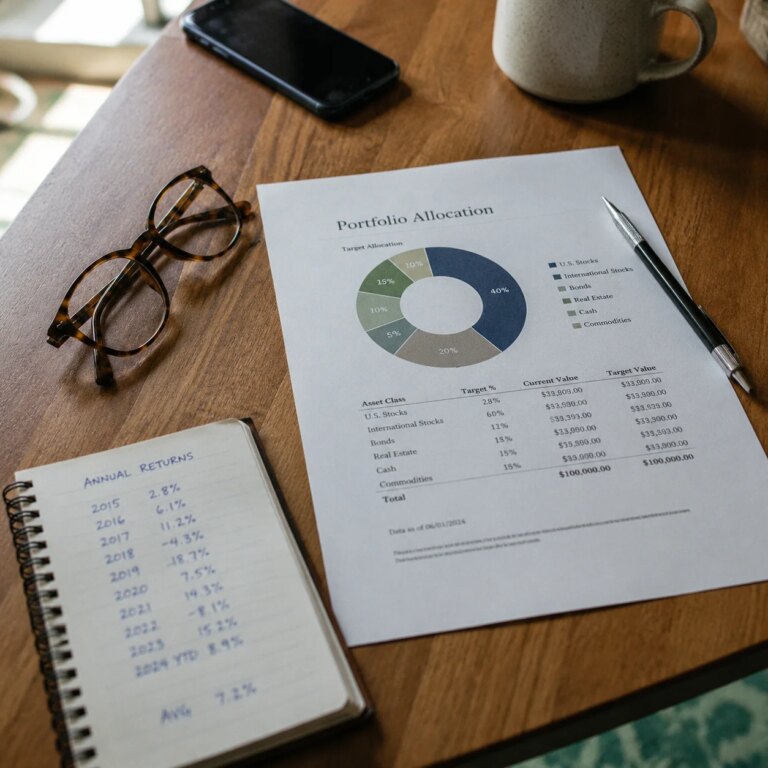 Printed portfolio allocation chart and handwritten investment notes on a wooden desk under natural morning light