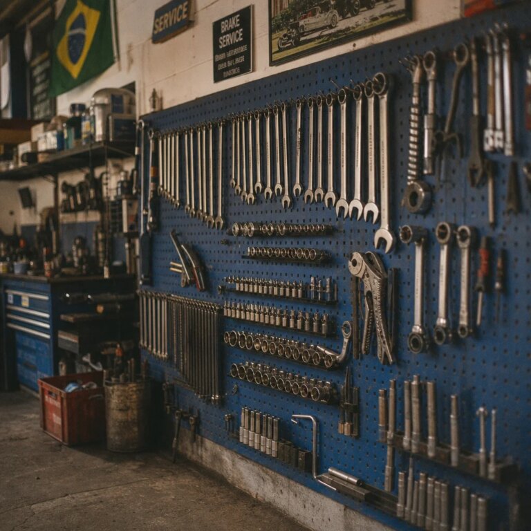 Organized tool wall inside a Brazilian auto repair workshop showing wrenches and socket sets