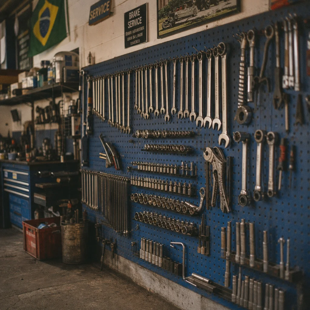 Organized tool wall inside a Brazilian auto repair workshop showing wrenches and socket sets