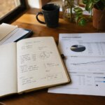 Handwritten financial analysis notes beside a printed portfolio report on a desk, representing specialized gig reputation building
