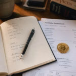 Physical Bitcoin coin placed on a printed investment portfolio statement on a wooden desk