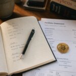 Physical Bitcoin coin placed on a printed investment portfolio statement on a wooden desk