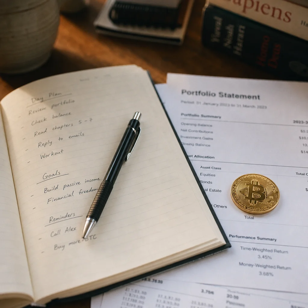 Physical Bitcoin coin placed on a printed investment portfolio statement on a wooden desk
