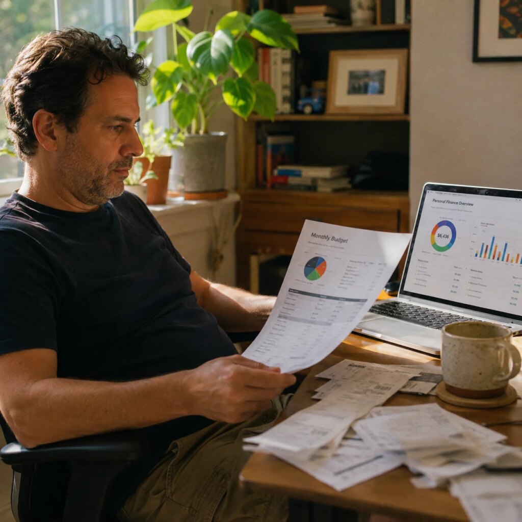 Woman reviewing personal finance dashboard on laptop with printed budget sheet and receipts on kitchen table