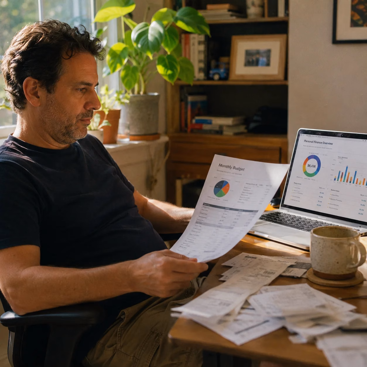 Woman reviewing personal finance dashboard on laptop with printed budget sheet and receipts on kitchen table