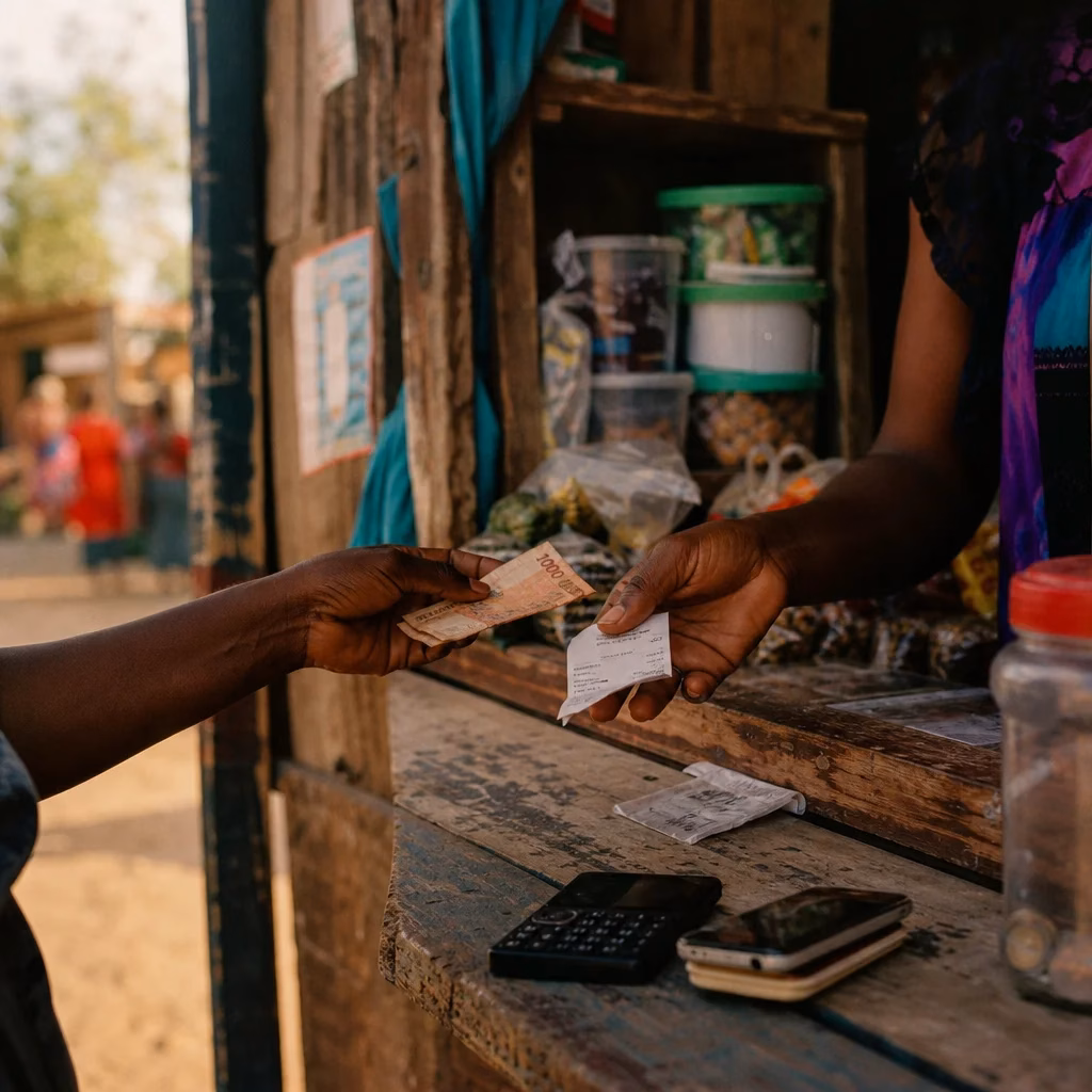 Woman completing a mobile money transaction at a rural market stall in Kenya, illustrating fintech-driven global financial inclusion