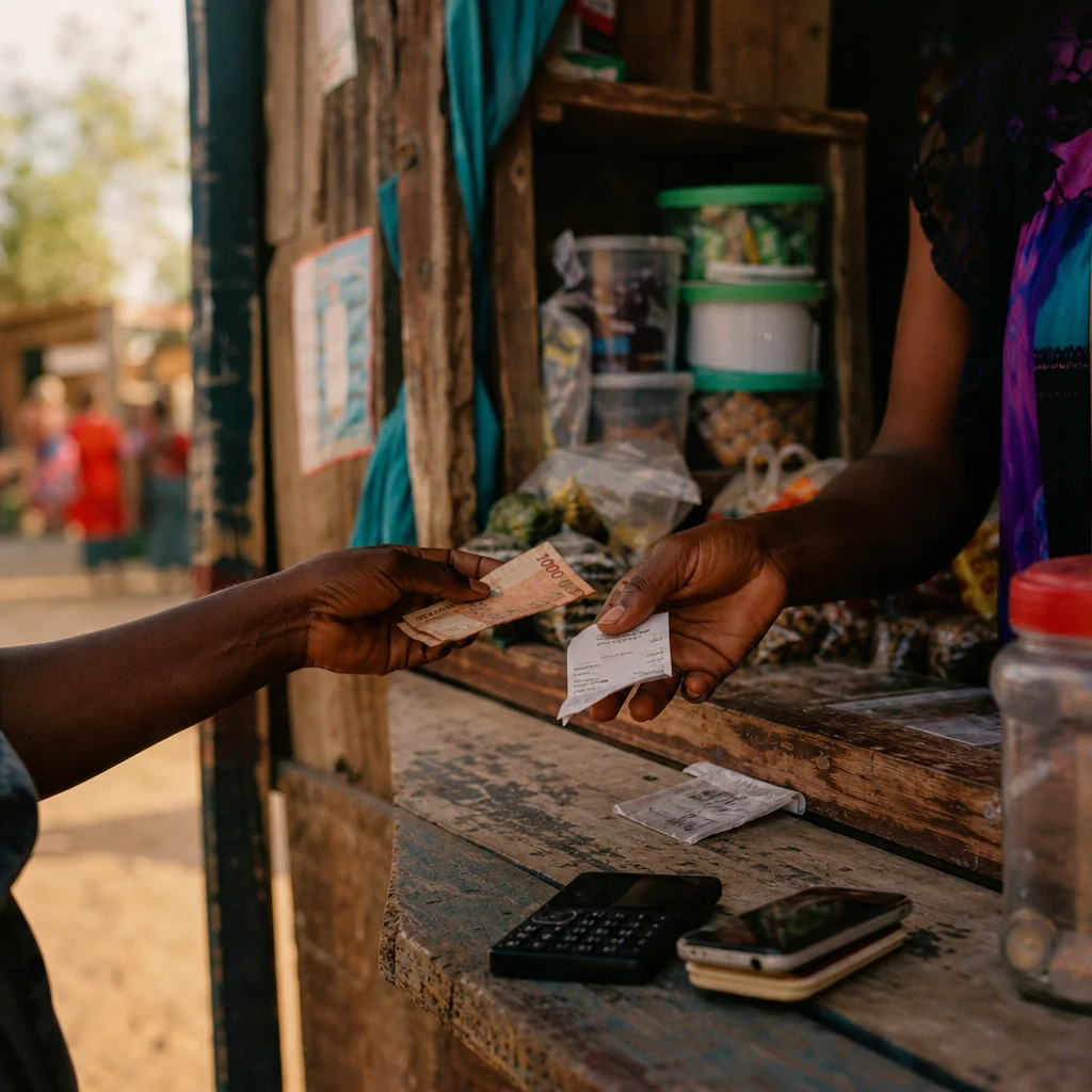 Woman completing a mobile money transaction at a rural market stall in Kenya, illustrating fintech-driven global financial inclusion