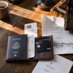 Premium credit card next to passport and boarding pass showing travel insurance documents on a wooden table