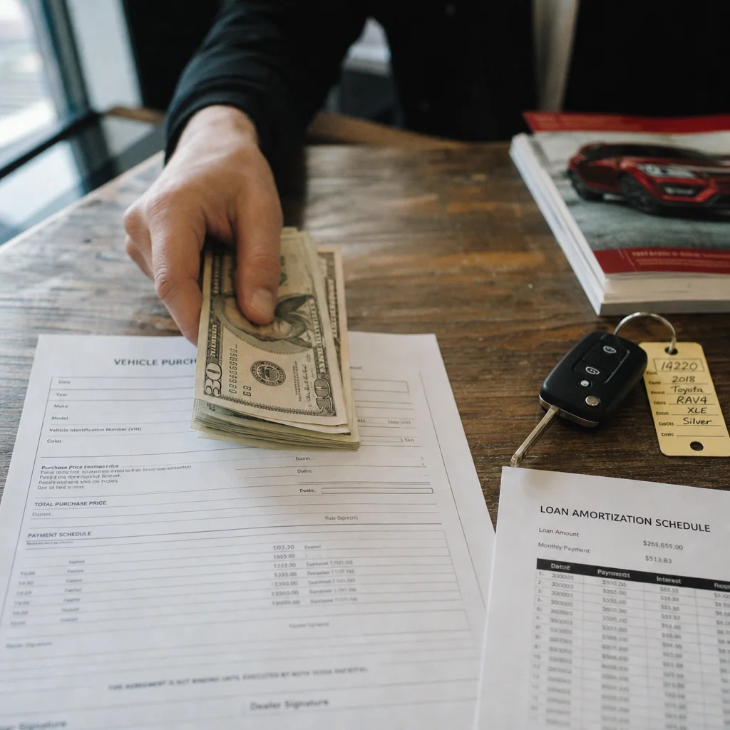 Hand placing cash down payment on an auto loan contract at a dealership desk