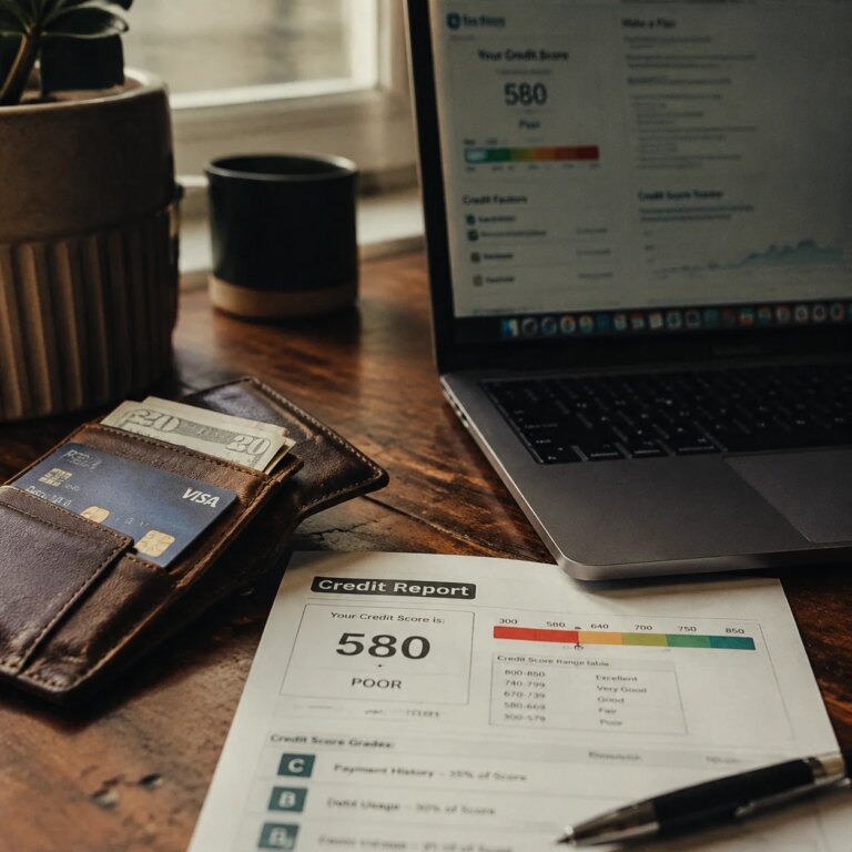 Open wallet with credit card and cash beside a printed credit report showing a low credit score