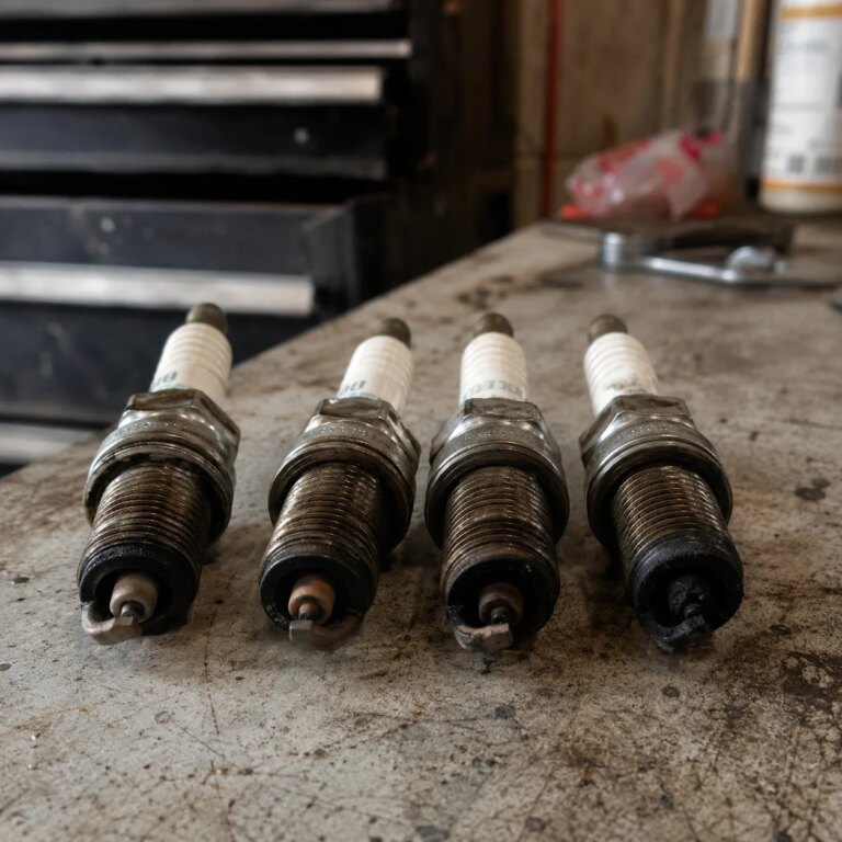 Four used spark plugs showing electrode wear and carbon deposits on a metal workbench in a garage