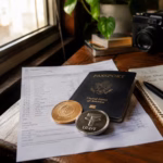 USDC and USDT stablecoin replicas resting on a bank statement and US passport on a wooden desk
