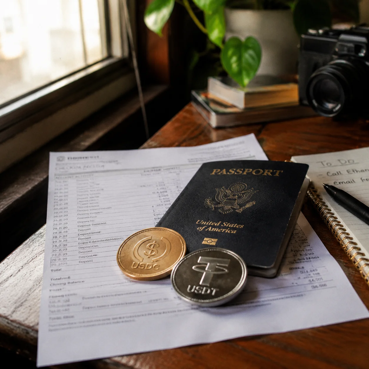 USDC and USDT stablecoin replicas resting on a bank statement and US passport on a wooden desk