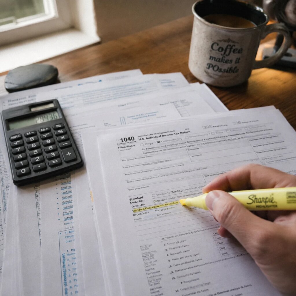 Tax documents spread on a wooden desk with a highlighter marking a deduction line and a calculator nearby