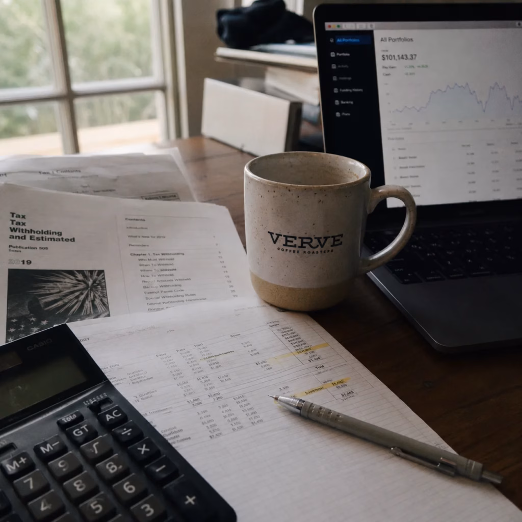 Tax documents and financial planning spreadsheet on a desk with natural side lighting